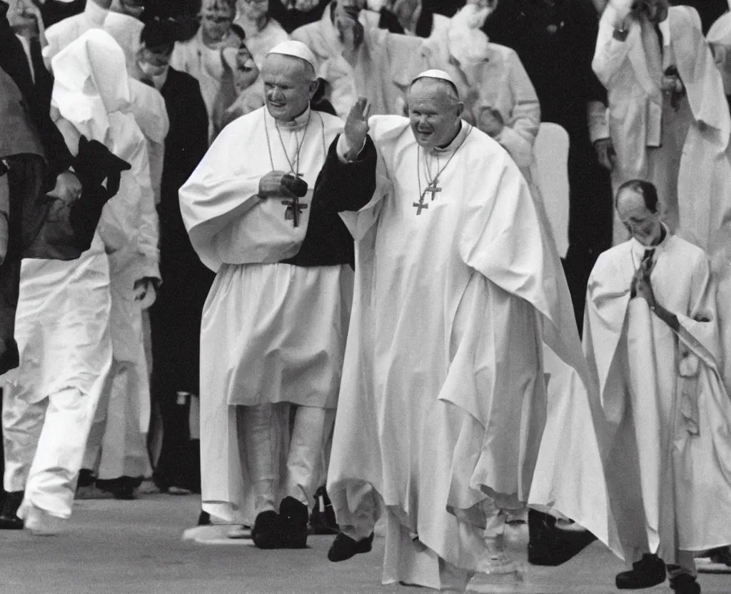 Prompt: press photograph of john paul ii wearing jordan 1 sneakers