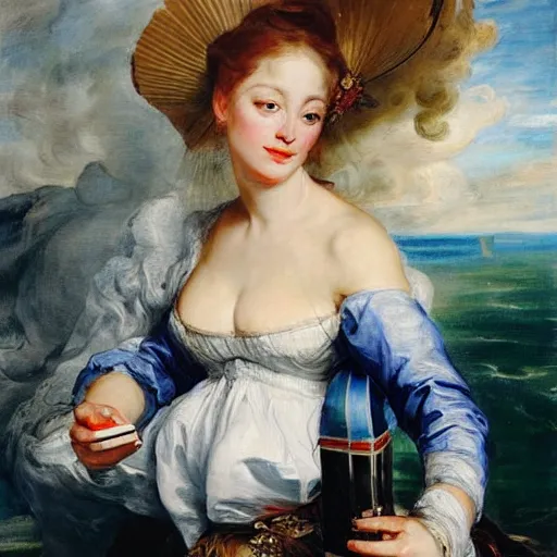 Image similar to heavenly summer sharp land sphere scallop well dressed lady taking a selfie with her cellphone auslese, by peter paul rubens and eugene delacroix and karol bak, hyperrealism, digital illustration, fauvist, cellphone