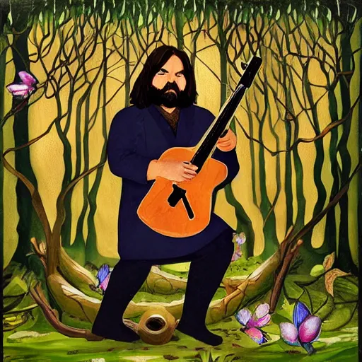 Image similar to Matt berry in a medeival fairy forest painting as a bard woodsman