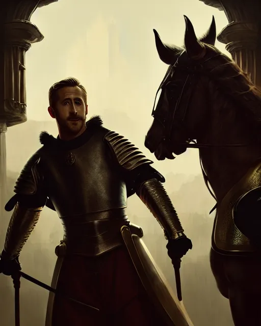 Prompt: portrait of ryan gosling and jake gyllenhaal as medieval knights rendered in unreal engine 5, by wlop, greg rutkowski, and peter mohrbacher, octane render, ultra high detail, 3 d, extremely detailed shading, concept art, character design, trending on artstation, atmosphere, glow, cinematic lighting, full of color