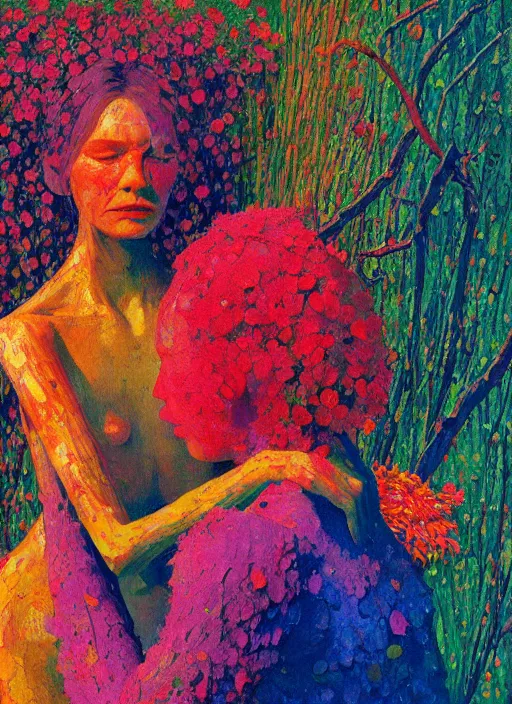 Prompt: portrait of women made of twigs and colorful flowers hugging Edward Hopper and James Gilleard, Zdzislaw Beksinski, highly detailed