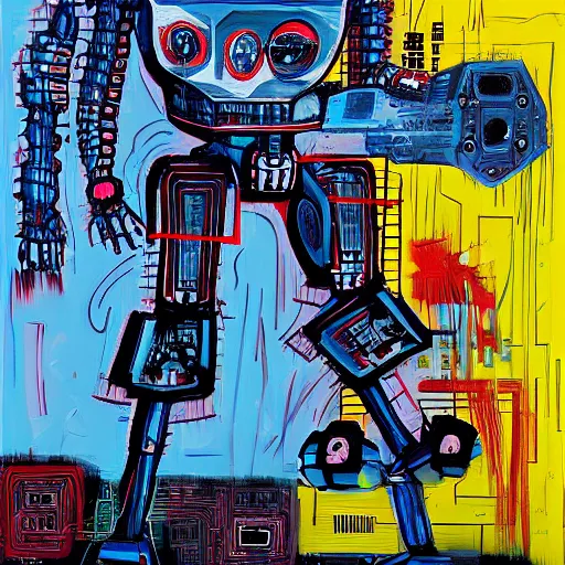 Image similar to realistic combat mecha in the style of jean - michel basquiat, beeple, junji ito, metal shaded