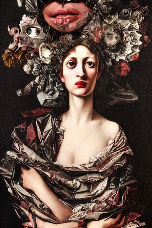 Image similar to Detailed maximalist portrait with large lips and wide eyes, sad expression, extra hands, HD mixed media, 3D collage, highly detailed and intricate, surreal, illustration in the style of Caravaggio, dark art, baroque