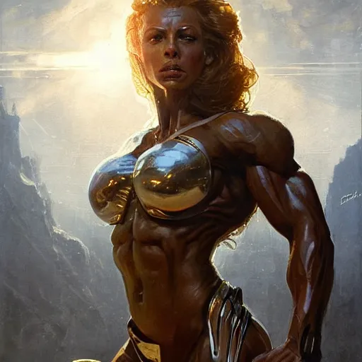 Image similar to : beautiful portrait of a alien amazonian woman bodybuilder posing, radiant light, caustics, war hero, metal gear solid, by gaston bussiere, bayard wu, greg rutkowski, giger, maxim verehin