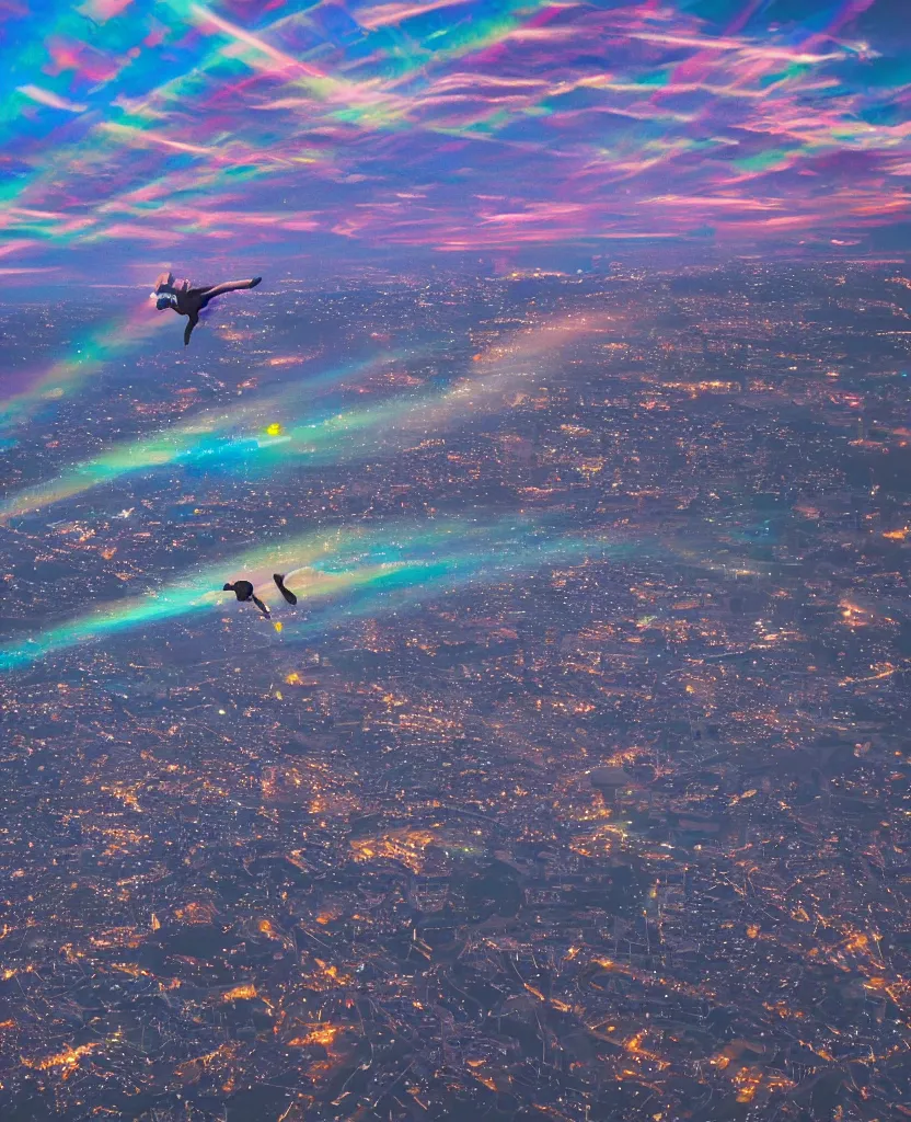 Image similar to a student flying upwards through iridescent clouds at dusk in a lit up city