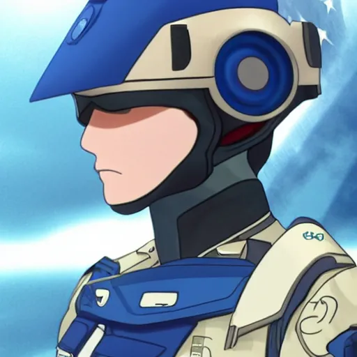 Prompt: a futuristic soldier captain with a metal visor and a blue shoulderpad in anime style