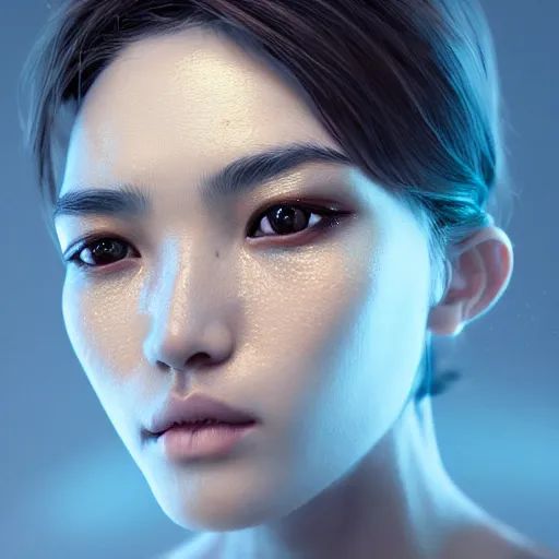 Prompt: intricate highly detailed face portrait of asian - european woman, light blue metal vines on her face, intricate, cgsociety, unreal engine, octane render, sharp focus, smooth, volumetric lighting, cinematic composition, artstation