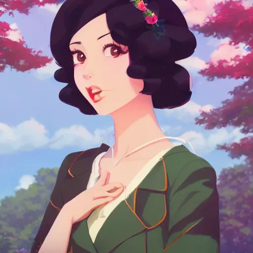 Image similar to portrait of a beautiful girl with dark hair dressed in 1940's fashion, park background, rich vivid colors, ambient lighting, dynamic lighting, 4k, official media, anime key visual, makoto shinkai, ilya kuvshinov, lois van baarle, rossdraws, detailed, trending on artstation