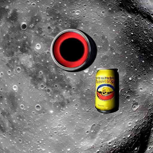 Prompt: a detailed, realistic, idle, regular sized stratocaster fender guitar next to a detailed, realistic, idle, regular sized beer can on the moon. detailed photo. realistic photo