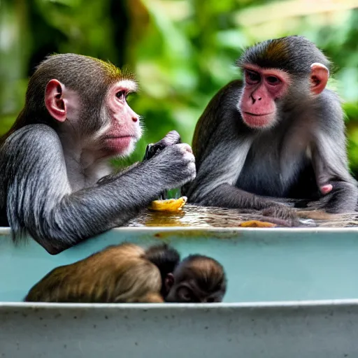 Prompt: monkeys bathing in a tub and eating bananas, national geographic