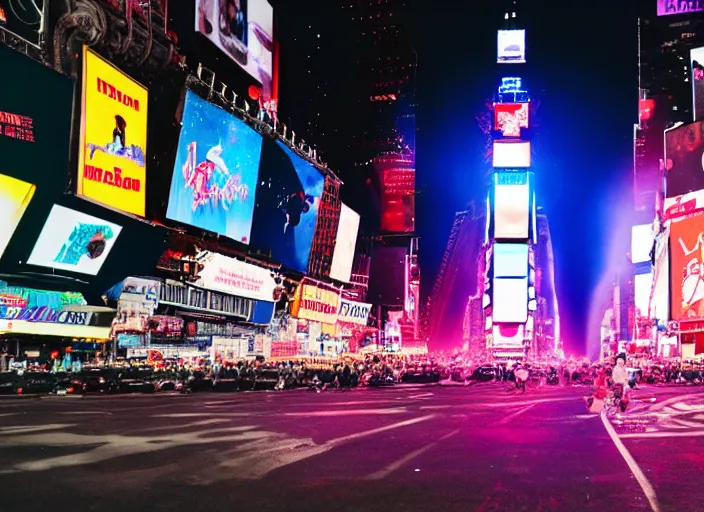 Image similar to film still of the moon shattering into pieces exploding moon over time square in the new disaster, 8 k, night time