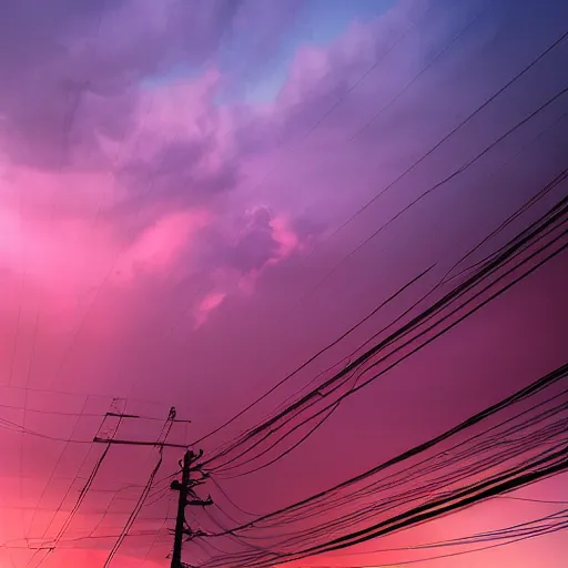 Image similar to low angle, pink golden clouds, blue sky, golden hour, telephone lines, thunder storm, lightening, detailed, photograph, award wining, trending on artstation, 4k, unreal engine 5, octane render, neon highlights