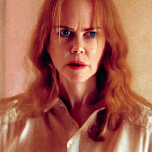 Image similar to Nicole Kidman in The Shining by Stanley Kubrick, cinematic, symmetrical face, 35mm lens, cinestill 400t film