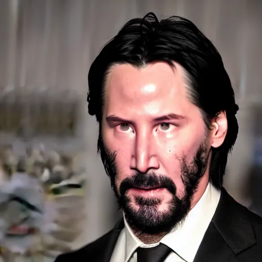 Prompt: Glowing purple eyes, Keanu Reeves