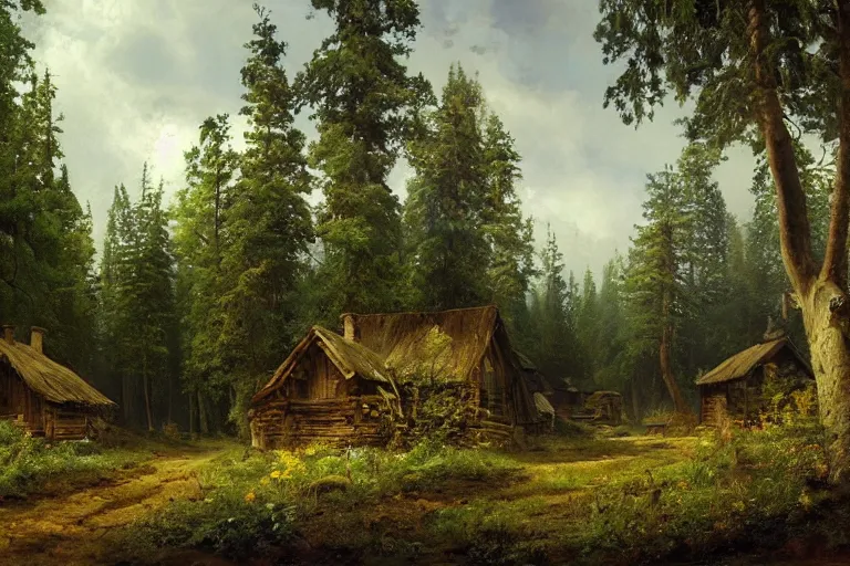 Image similar to A beautiful painting of russian village in dark forest by ivan shishkin and arkhip kuindji, trending on artstation,matte painting