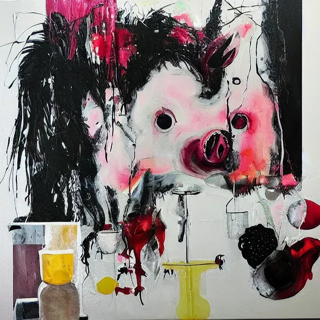 Image similar to “ a portrait in a female art student ’ s apartment, sensual, a pig theme, art supplies, paint tubes, ikebana, herbs, a candle dripping white wax, black walls, squashed berries, berry juice drips, acrylic and spray paint and oilstick on canvas, surrealism, neoexpressionism ”