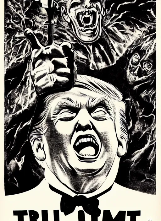 Prompt: Donald Trump's disgusting true form on a 1950s horror movie poster, inking, vintage 50s print, detailed, scary, horror, screen print, trending on artstation