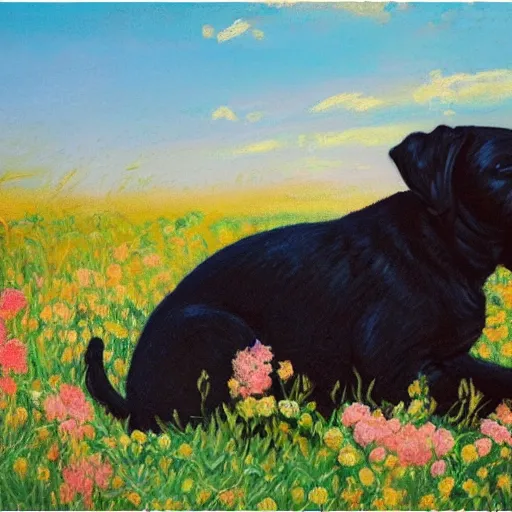 Image similar to a pregnant east african woman with her black puppy in a vast field of flowers, looking off into the sunset, relaxing, wide shot, golden hour, vintage, impressionist painting, fine art, oil painting, dreamy, pastel, laughing, happy, intricate details, sharp, peaceful, serene