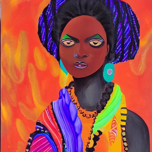 Prompt: dark skinned woman with plaited african hair wearing cultural clothes sitted calmly in a contrasting desert, bright and colourful, saturation, vibrant, acrylic, oil paint