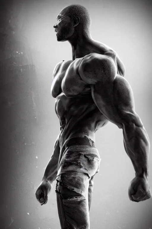 Image similar to a single muscular man wearing torn clothes, looking to the right, profile picture, hyperrealistic, concept art, octane render, unreal engine 5, trending on artstation, high quality, highly detailed, 8 k, dramatic lighting, cinematic, high coherence, anatomically correct, five fingers, digital art, seductive, black and white