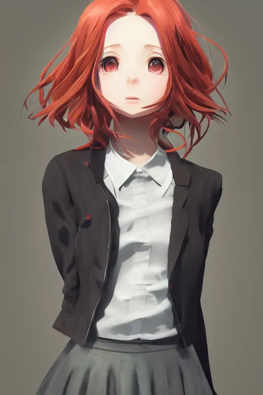 Image similar to Very complcated dynamic composition, realistic anime style at Pixiv, Zbrush sculpt colored, Octane render in Maya and Houdini VFX, young redhead girl in motion, wearing jacket and skirt, silky hair, black stunning deep eyes. By ilya kuvshinov, krenz cushart, Greg Rutkowski, trending on artstation. Amazing textured brush strokes. Cinematic dramatic soft volumetric studio lighting