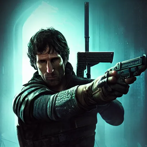 Image similar to todd howard with a gun, forcing you to buy skyrim, threatening, sharp, cinematic, colorful, digital art, neon, bright, cyberpunk, blade runner 2 0 4 9, realism, bold