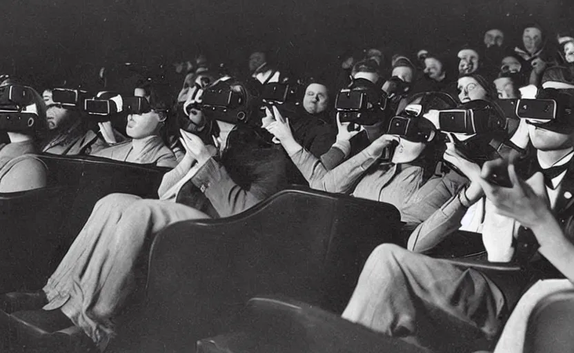 Image similar to 1 9 0 0 s photo of people wearing virtual reality headsets vr in a movie theater masterpiece