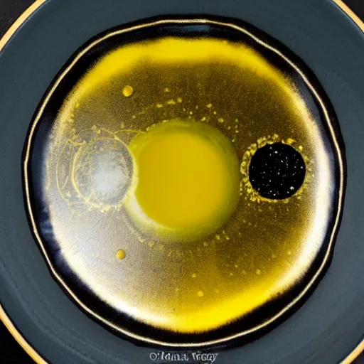 Prompt: olive oil and vinegar drizzled on a plate in the shape of the solar system