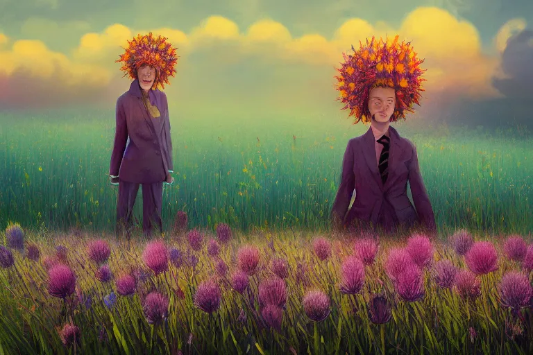 Prompt: grande thistle flower under head, a girl in a suit in field of flowers, surreal photography, sunrise, blue sky, dramatic light, impressionist painting, digital painting, artstation, simon stalenhag