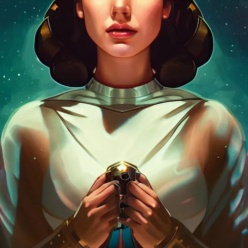 Image similar to Gal Gadot as Princess Leia, ambient lighting, 4k, alphonse mucha, lois van baarle, ilya kuvshinov, rossdraws, artstation