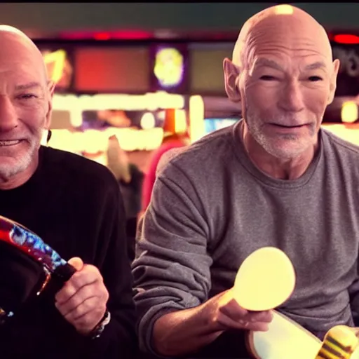 Prompt: kenny g and patrick stewart skateboarding at dave & busters, epic, cinematic, realism, ultra detailed, 8 k