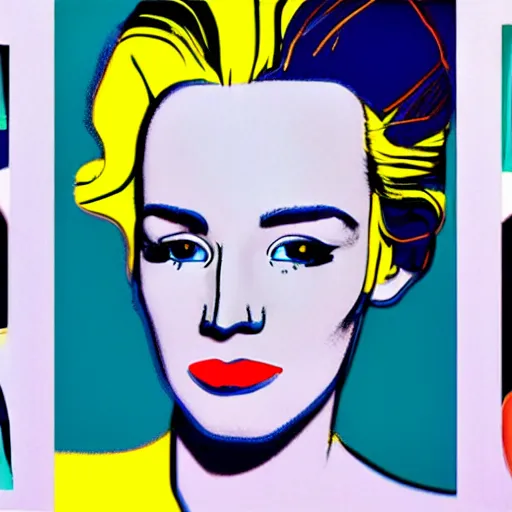 Image similar to beautiful female android portrait in block colour by james jean, by andy warhol, by roy lichtenstein, by egon schiele