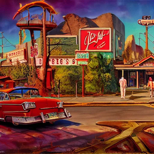 Image similar to 5 0 s tract home suburb on ancient post - apocalyptic planet, jim henson creature shop, vivid and colorful, thomas kincaid, cinematic, oil painting, highly detailed, illustration