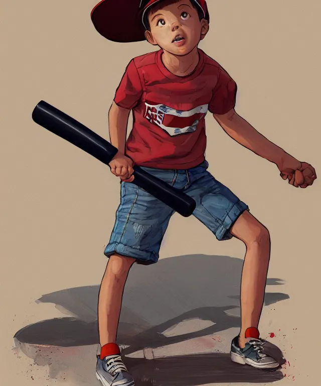 Image similar to a young boy wearing a horizontal striped shirt and a red baseball cap and jean shorts, holding a baseball bat, centered composition, digital painting, artstation, concept art, sharp focus, octane render, illustration, art by geof darrow,