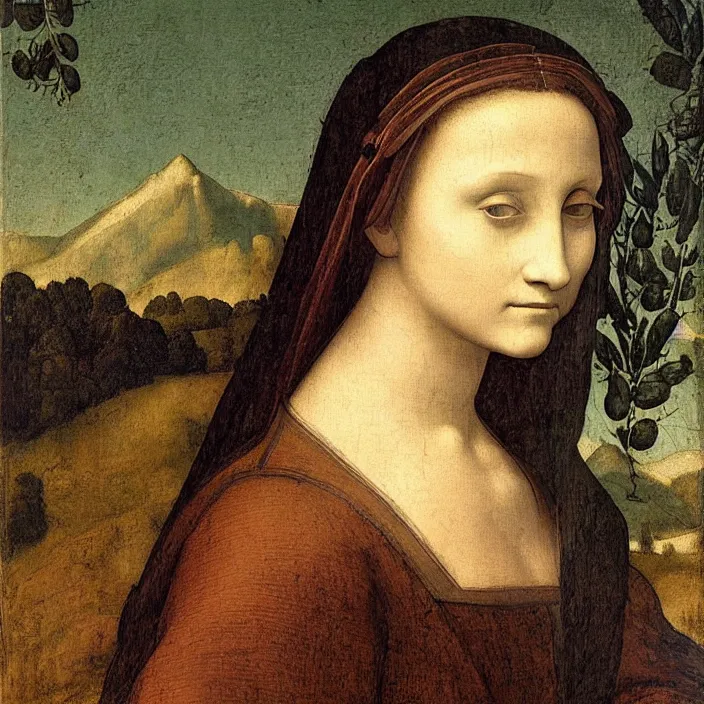 Image similar to a portrait of a woman painted by leonardo da vinci. the woman in the painting is shown seated with her hands folded in her lap. she is wearing a simple dress with a pattern of flowers. her hair is pulled back from her face and she has a small, faint smile. the background of the painting is a landscape of rolling hills and mountains.