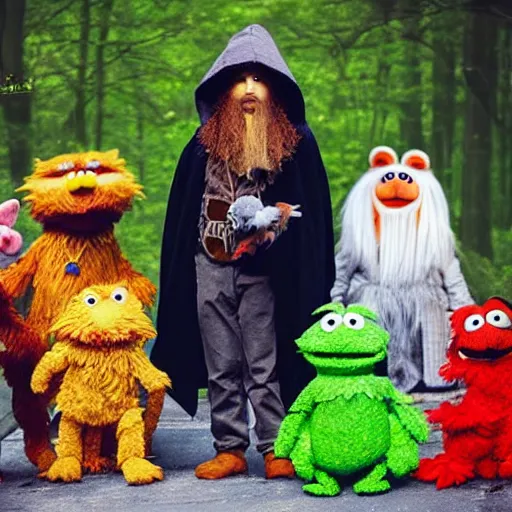 Prompt: a chibi foxfolk muppet druid wizard wearing a hooded cloak holding a small muppet animal with a small herd of random muppet animals following behind, sesame street, photograph, photography, ultrarealistic, national geographic