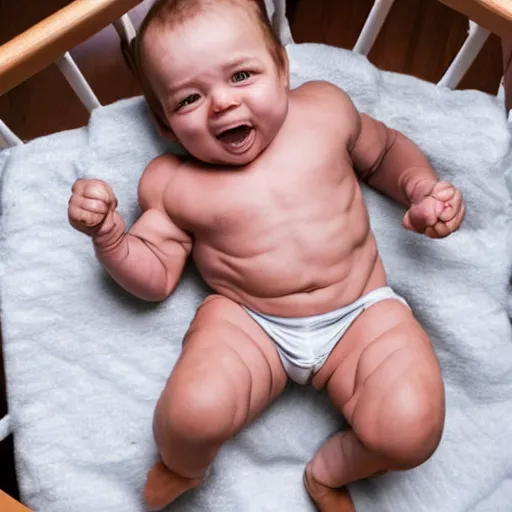 Image similar to huge muscles bodybuilder but as a baby in a crib, genetically engineered, rippling muscles, huge veins, bulging muscles, ripped, flexing, intense expression, award winning photography, high detail