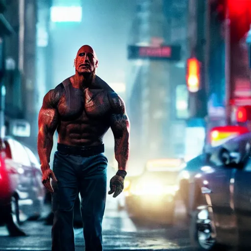 Image similar to Dwayne Johnson on the street in the night of cyberpunk city, bright lighting, high quality, ultra detailed , full body