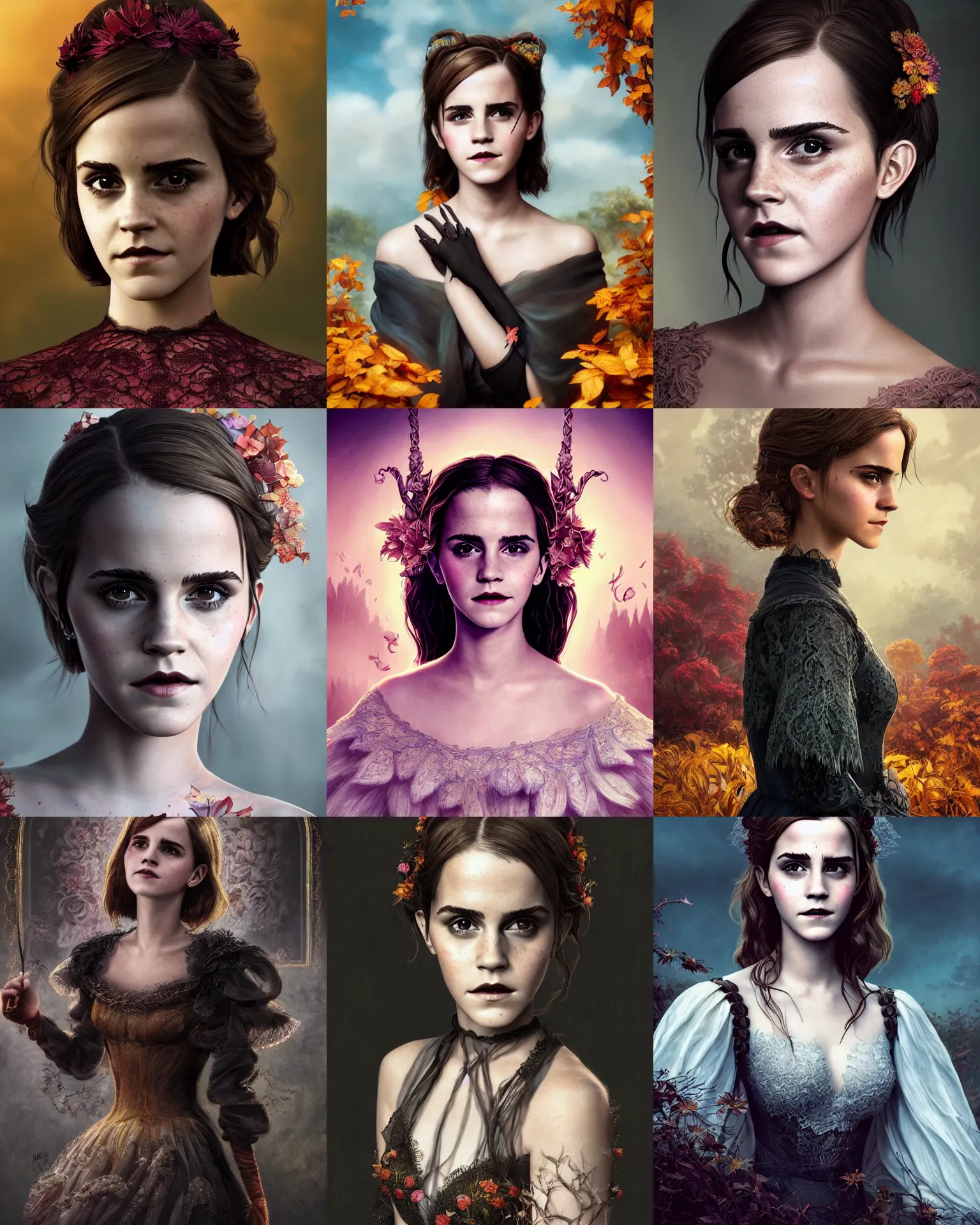 Prompt: full shot portrait painting of very beautiful emma watson as dark goddess lace, character design by mark ryden and pixar and hayao miyazaki, unreal 5, daz, hyperrealistic, octane render, cosplay, rpg portrait, dynamic lighting, intricate detail, harvest fall vibrancy, cinematic