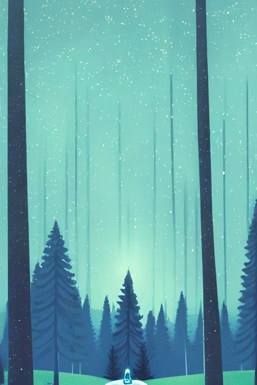 Prompt: A geometric glossy white robot stands in the middle of a forest in the centre of the frame. softly glowing blue trees at night. The sky above has many stars and a beautiful blue aurora. Comet in the middle of the sky. Cyril Roland naomi okubo. Trending on artstation. Digital painting.