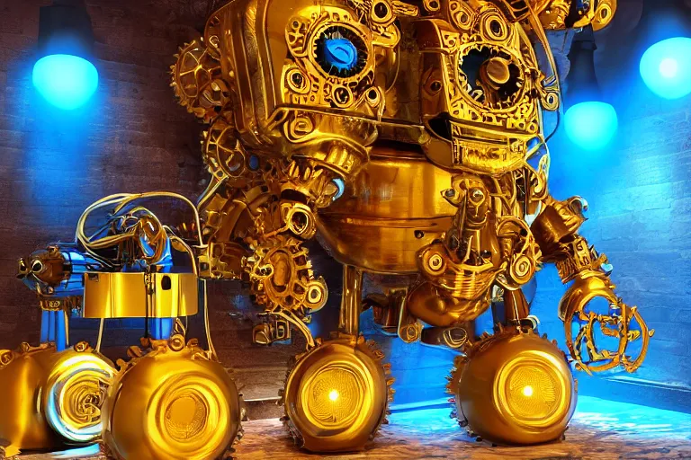 Prompt: scene is fiesta espuma in amnesia ibiza, portrait photo of a giant huge golden and blue metal steampunk robot, with gears and tubes, eyes are glowing red lightbulbs, shiny crisp finish, 3 d render, 8 k, insaneley detailed, fluorescent colors, haluzinogetic, background is multicolored lasershow