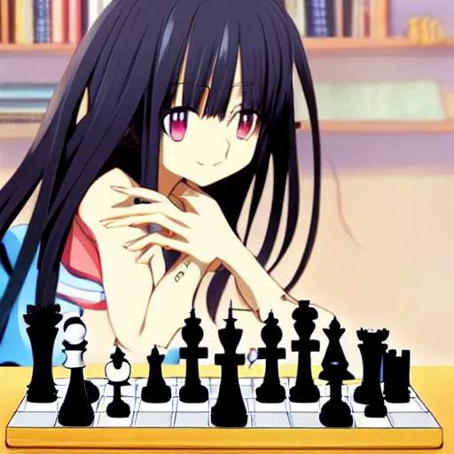 Image similar to anime portrait of long black hair anime girl pondering next to a chess set, cute, official art