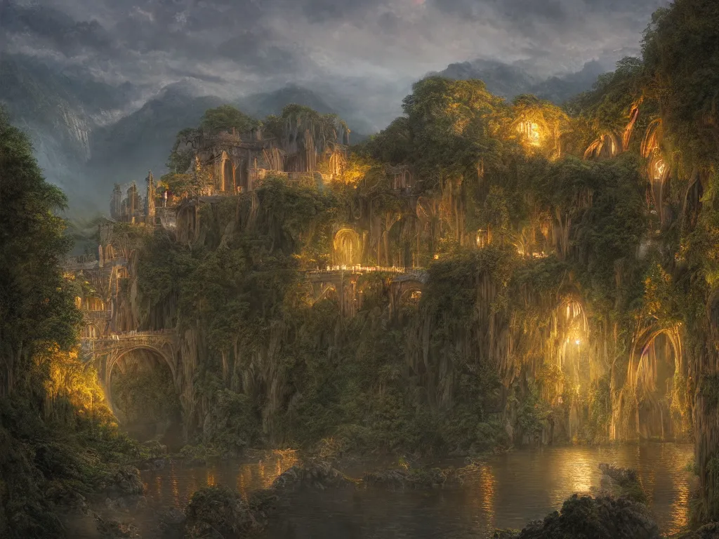 Image similar to Rivendell in the evening, detailed matte painting, cinematic, Alan Lee, Artstation