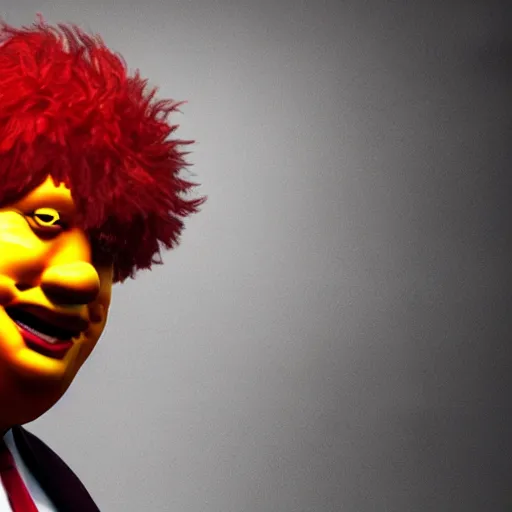 Image similar to Boris Johnson with evil Ronald McDonald body, realistic artstyle, wide shot, dramatic lighting, octane render, hyperrealistic, high quality, highly detailed, HD, beautiful, cinematic, 8k, unreal engine, facial accuracy, symmetrical