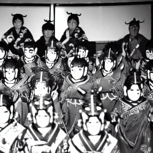 Prompt: A photograph of Japanese oni demons at the conference, 35mm film grain, intricate, high contrast, studio lighting, fantasy