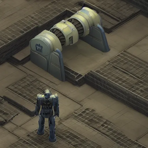 Image similar to fallout enclave fighter in power armor with a minigun in his hands stands next to the entrance to the fallout shelter, camera view isometric, post - apocalyptic, 3 d prerender, realism