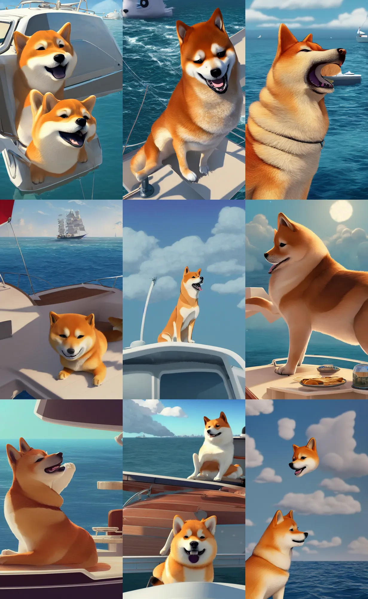 Prompt: a wholesome illustration of a Shiba Inu enjoying the wind on a yacht, studio Ghibli, Pixar and Disney animation, sharp, Rendered in Redshift and Unreal Engine 5 by Greg Rutkowski, Bloom, dramatic lighting