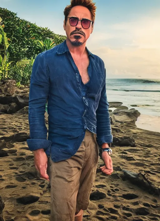 Image similar to a full portrait photo of robert downey jr holiday in bali, f / 2 2, 3 5 mm, 2 7 0 0 k, lighting, perfect faces, award winning photography.