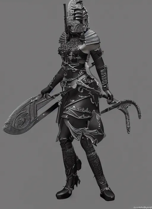 Image similar to a black crest, orthographic, ornament, female warrior's face, a 3 d render by dom qwek, front side views full, trending on polycount, artstation, hard surface modeling, rendered in maya, 3 ds max, blender, hd, vray, berserk blood