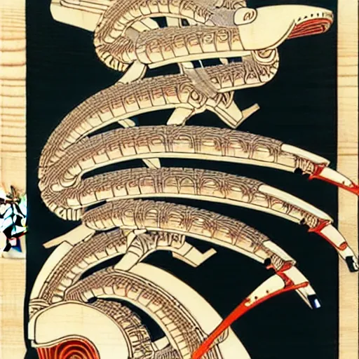 Image similar to biomechanical ukiyo - e woodblock, very detailed, hyperrealistic